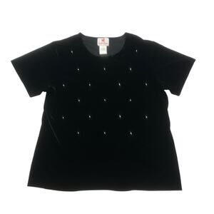 Quacker Factory Shirt Womens 1X Black Velour Rhinestones Short Sleeve